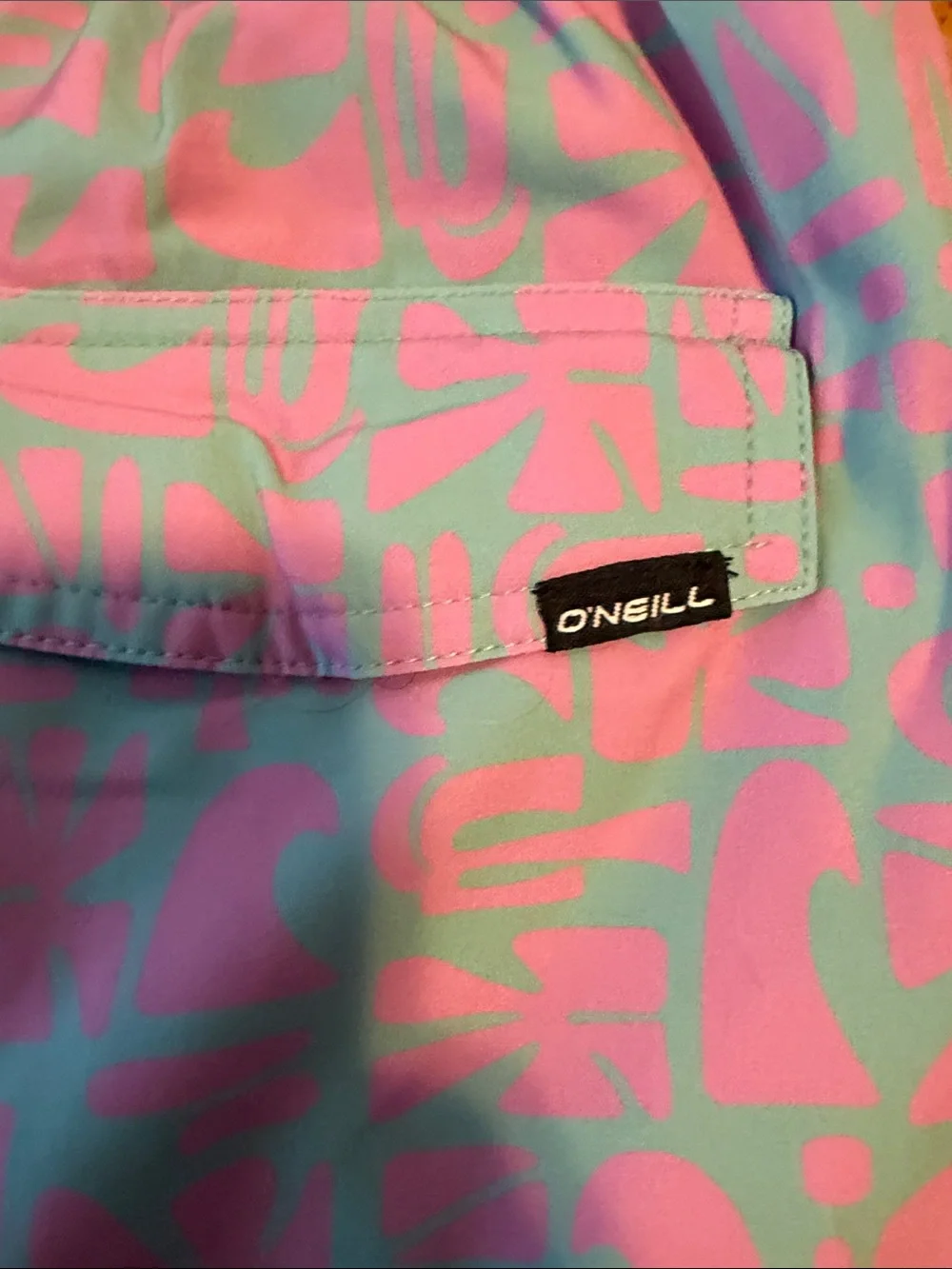 O'Neill Pink and Mint Pattern Swim Trunks